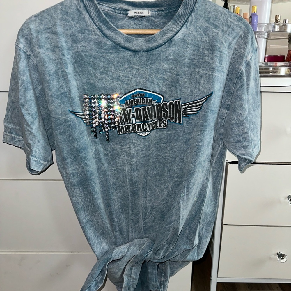 Harley-Davidson Blue Graphic Tee with Rhinestone Detail